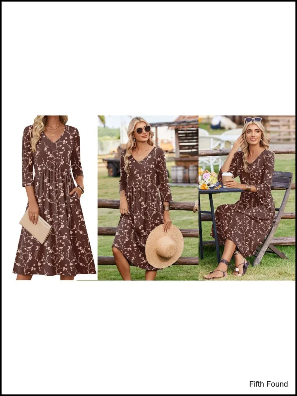Women's Casual Midi T-Shirt Dress with Pockets 3/4 Sleeve Summer Sundress